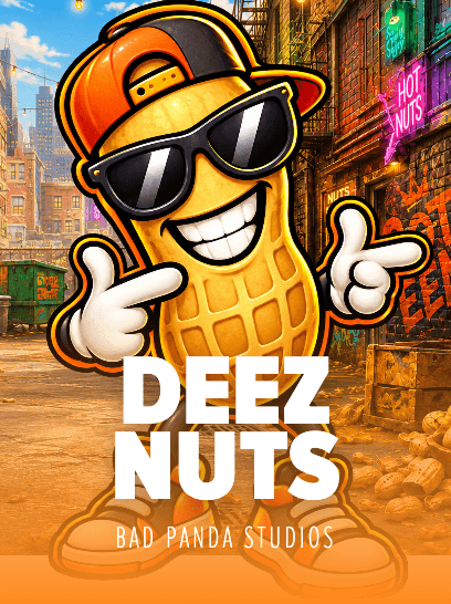Deez Nuts key art: a cartoon peanut in a backwards orange cap and black shades doing finger guns in a graffiti-covered alley