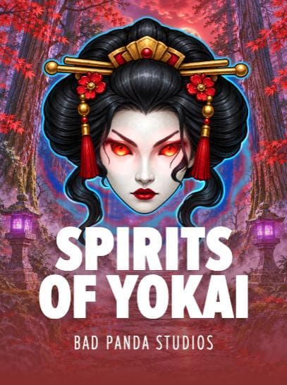 Spirits of Yokai key art: a pale-faced yokai spirit in geisha style with glowing red eyes, gold hairpins and red flowers in her black hair, wrapped in a blue-violet glow in a misty red maple forest lit by violet stone lanterns